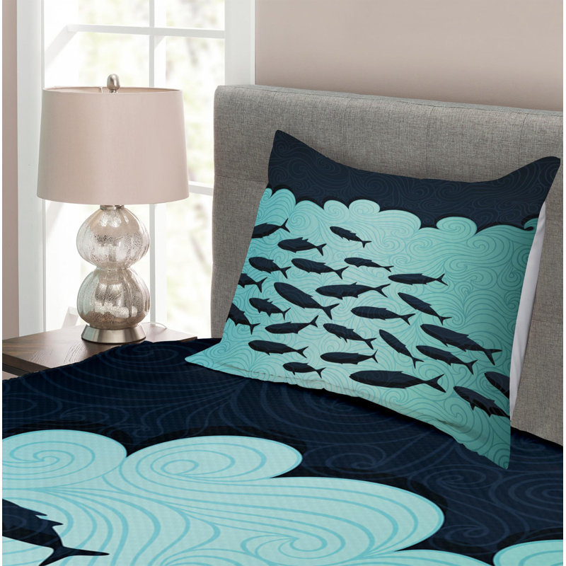 Twin Blue and Black Fish Quilted Bedspread Set