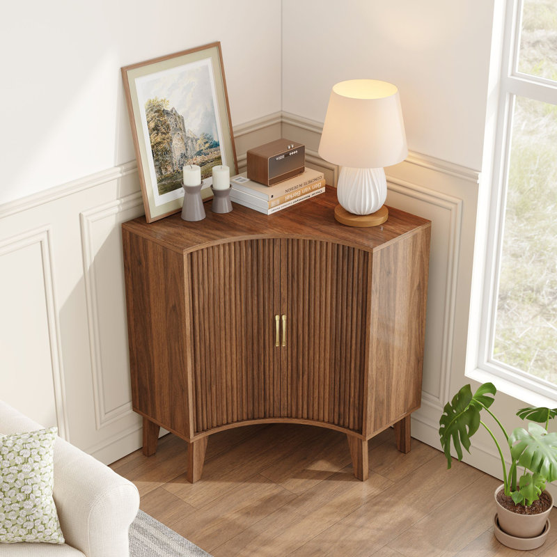 Sliding 2 - Door Corner Accent Cabinet, Walnut