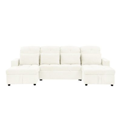 Oversized Beige Bed With Storage Chaise Lounges, Supportive Pillows, And Port Spacious Sectional In Storage, Lumbar Support,