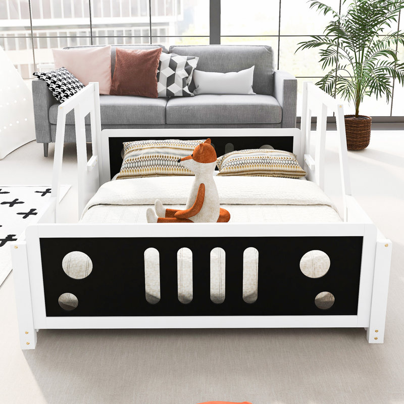 Lit plateforme double classique en forme de voiture avec roulettes, Blanc
