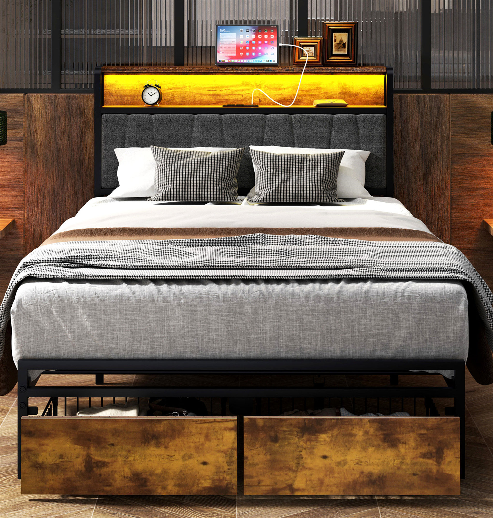 17 Stories Upholstered Bed Frame With 2 Drawers, Bed With Storage ...