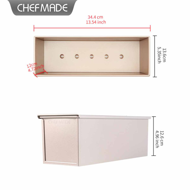 CHEFMADE  Flat Pullman Loaf Pan with Lid , Non-stick Toast Box, 4.8" H x 13.5" L x 5.4" W