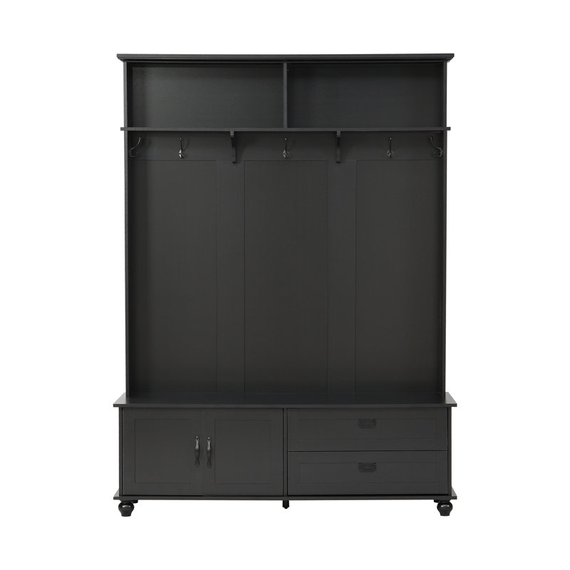 Arbre d'entrée de style moderne avec armoire de rangement et 2 grands tiroirs, banc de vestibule avec 5 crochets, Noir