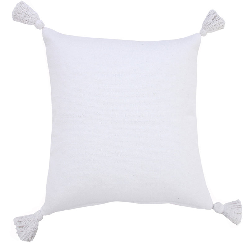 White Cotton Square Throw Pillow with Tassels