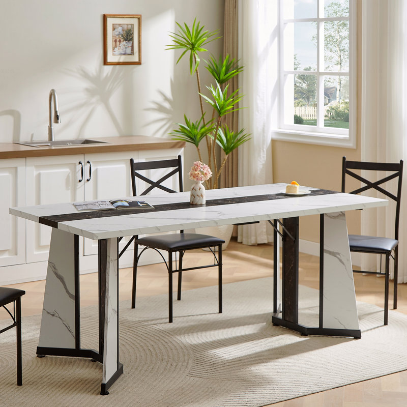 Grande table de salle à manger rectangulaire de 70,9 po, grand bureau imperméable en grain de marbre pour 8 personnes, table de salle à manger familiale de luxe avec pieds réglables