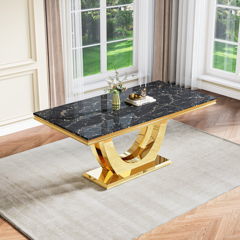 70.08" Luxury Rectangular Dining Table With Mirrored Double U-Base, Black, Gold