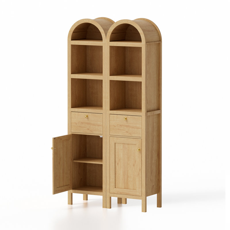 67" Farmhouse Arched Storage Tower  With  Door And Drawer, Oak