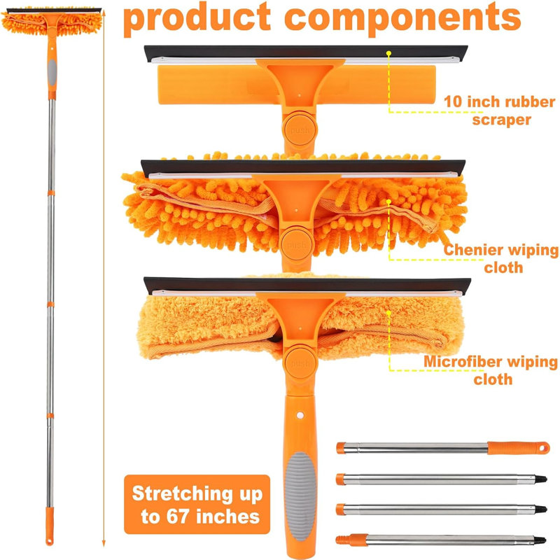 67" 3-in-1 Window Squeegee with Extension Pole, Rotatable Lock Stainless Window Cleaner Tool Kit for Indoor Outdoor High Windows, Car Glass & Shower Doors