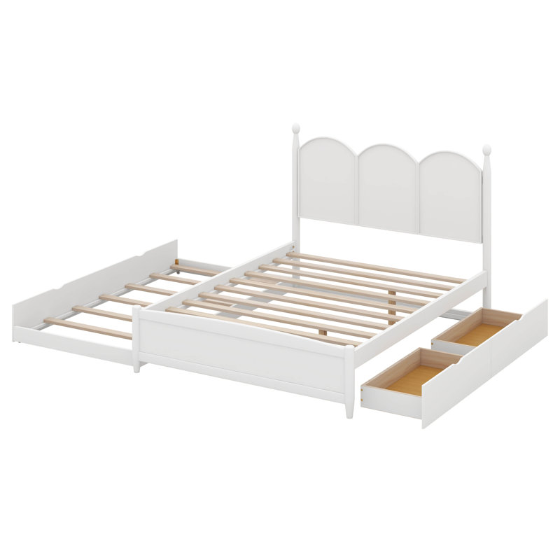 Grand lit plateforme avec tête de lit courbée, 2 grands tiroirs, cadre de lit en bois de style rustique avec lit gigogne simple TG