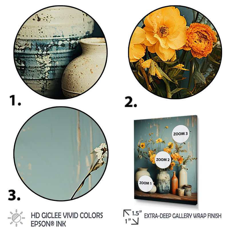 Art floral mural, poterie rétro jaune, Toile tendue, H 32 po x l 24 po