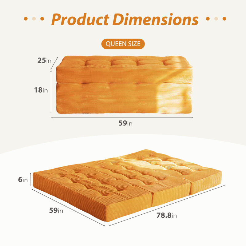 Tri-Fold Velours côtelé 6 po, Grand lit, Orange