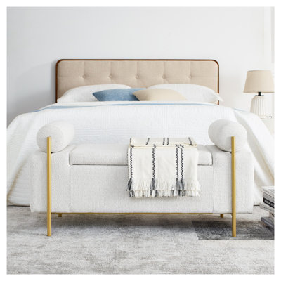 Banc de rangement élégant en lin rembourré avec accoudoirs cylindriques et pieds en fer - Banc de rangement blanc pour chambre à coucher, couloir, salon