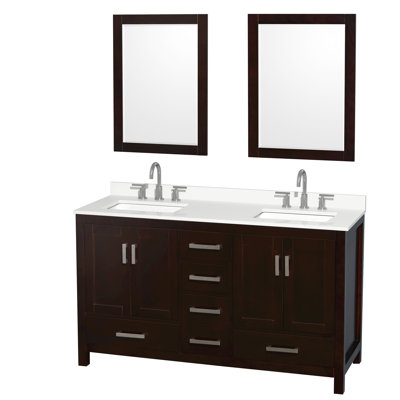 Meuble-lavabo double autoportant 60 po avec plateau en quartz Sheffield et miroirs 24 po Sheffield