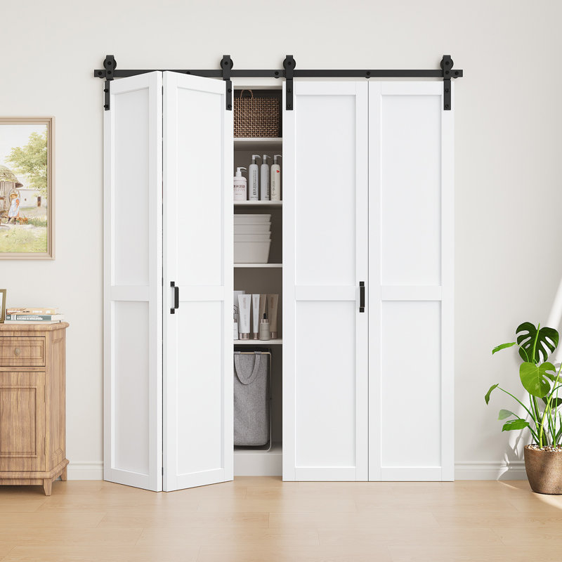  No Assembly Panels, Bi-fold Barn Door White Prime Solid Manufactured Wood Interior Closet Doors with Hardware Kit, 72" x 84"