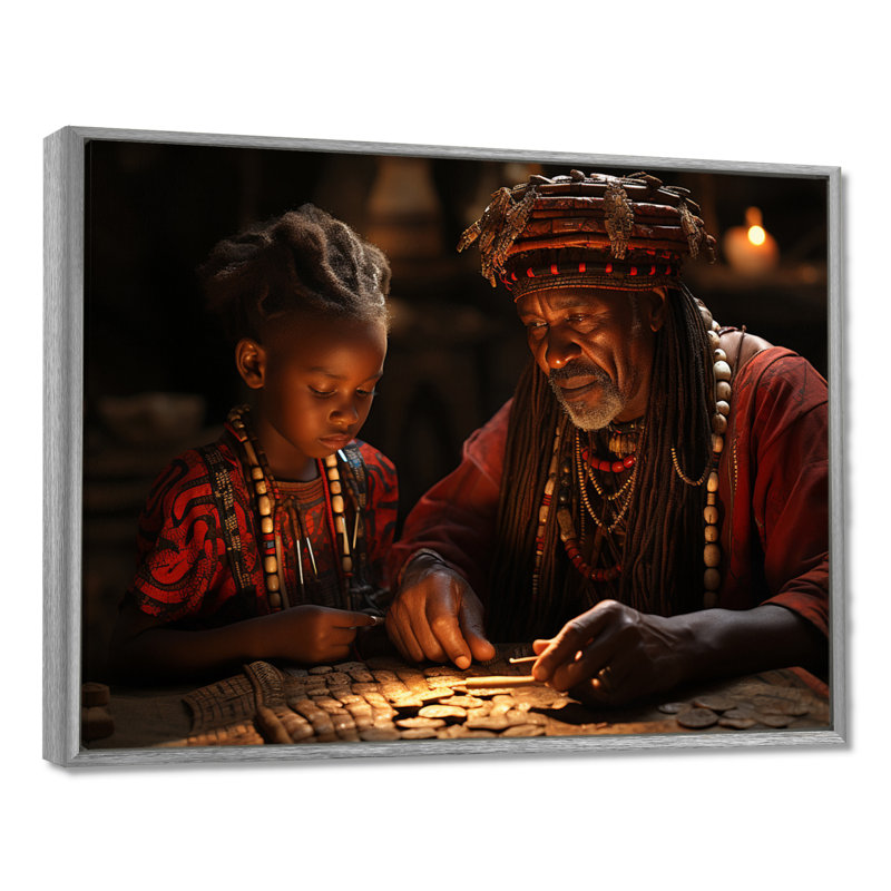 Sagesse africaine ancienne sur toile, H 30 po x l 40 po x P 1,5 po, Encadrement argenté
