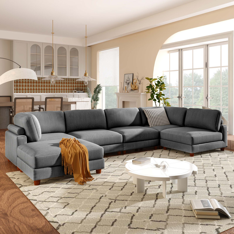 Canapé modulaire en L avec repose-pieds Rozana, Polyester gris