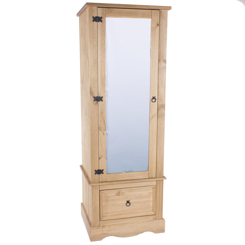 Apache 1 Mirrored Door, 1 Drawer, Compact Wardrobe, Pine, Waxed Finish, Corona Design, Natural