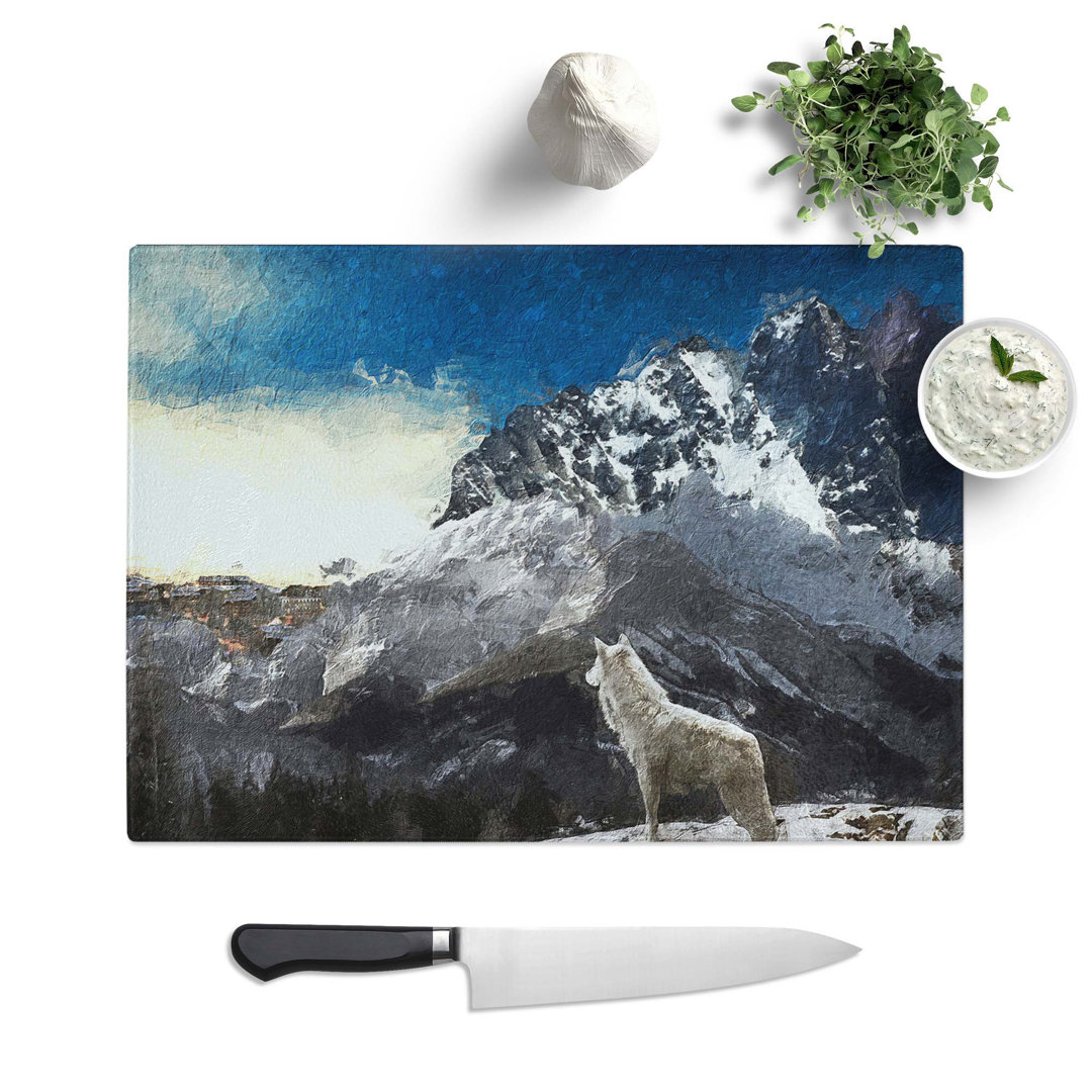 Tempered Glass White Wolf with a Mountain Landscape Chopping Board