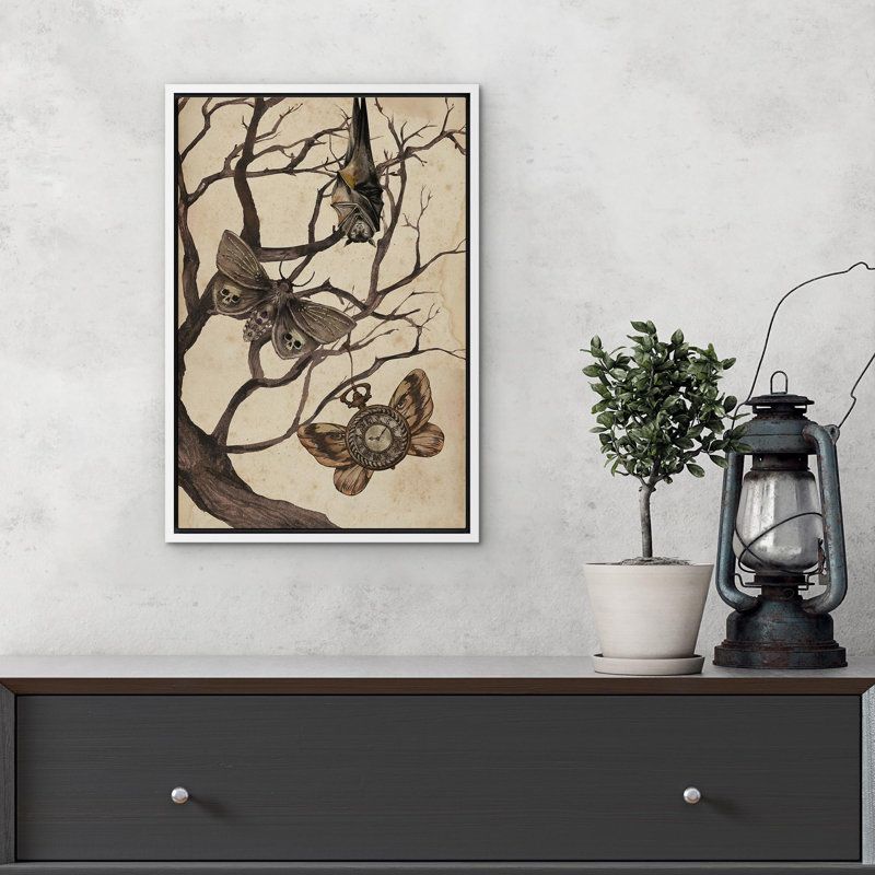 Moth and Cat debout sur un arbre, gothique, maussade, illustrations foncées, art moderne, Cadre flottant blanc