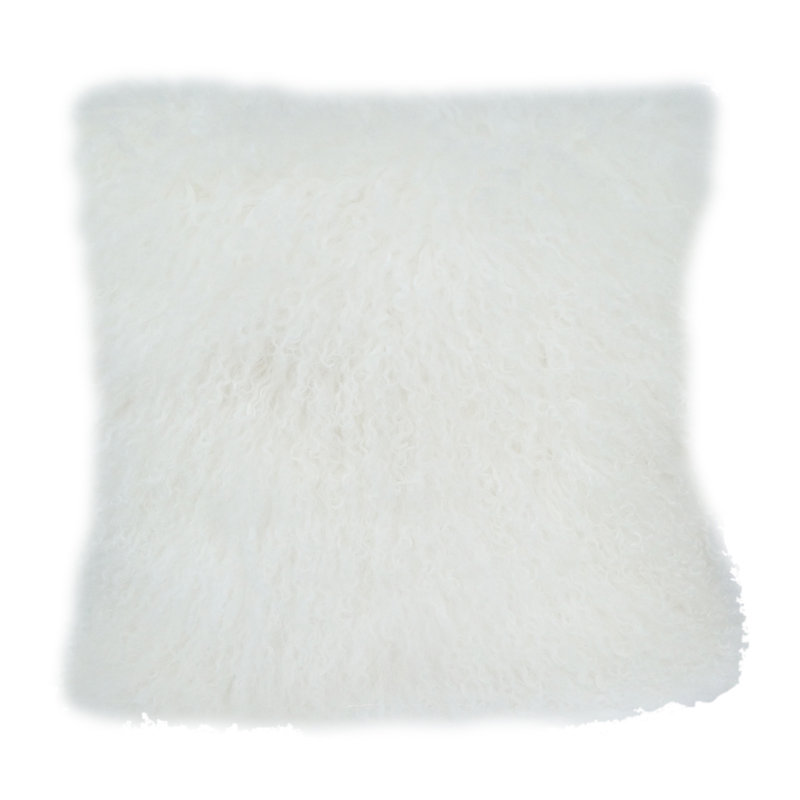White Mongolian Lamb Fur 20-Inch Square Pillow with Faux Suede Back