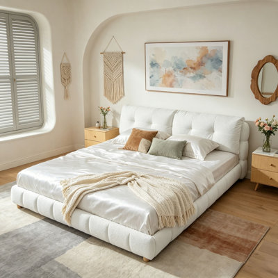 Lit plateforme en tissu crème de style bouclé