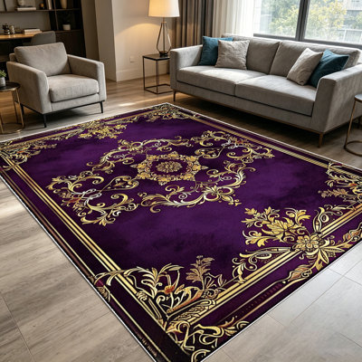 Tapis décoratifs floraux or mauve baroque de 1 pièce d'époque pour le salon, doux et confortable, convient à toutes les saisons, facile à entretenir, tapis de sol intérieur lavable à la machine, sous la table de ferme convenant à la salle à manger, la chambre à coucher, le vestibule, la cuisine,