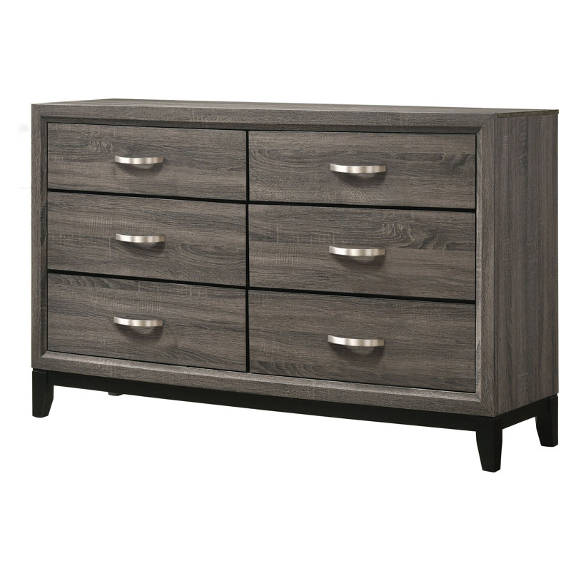 La commode à 6 tiroirs de large avec une finition en bois texturé offre un rangement spacieux et moderne pour les chambres à coucher