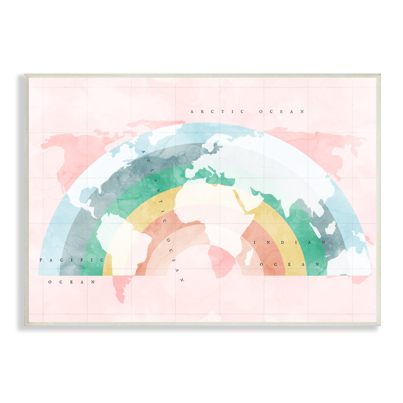 Carte du monde avec art moderne arc-en-ciel, Plaque en bois, H 10 po x l 15 po x P 0,5 po