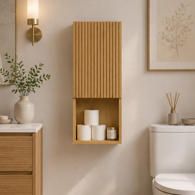 35"H Wall-Mounted Light Oak Narrow Bathroom Side Cabinet With Fluted Door, Open Shelf 