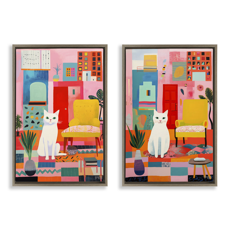 «Bright Room Sitting Cat», ensemble de 2 toiles flottantes encadrées dorées par Roozbeh Bahramali, H 25 po x l 17 po