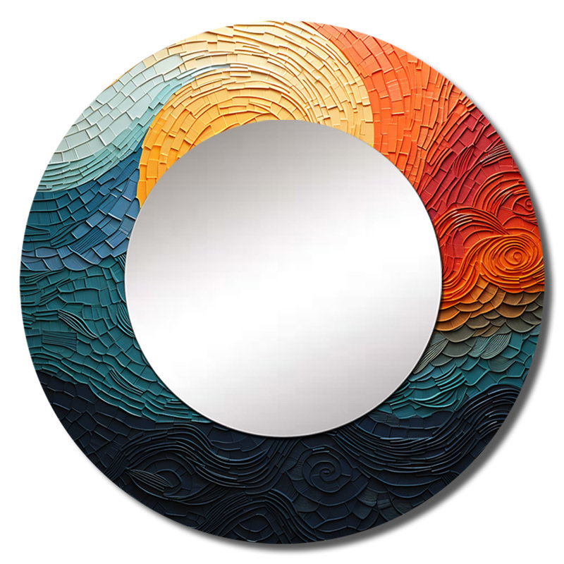 «Scherri» sarcelle orange, Op Art Rhythmic Illusion III - miroir unique, grand miroir, 29 po x 29 po