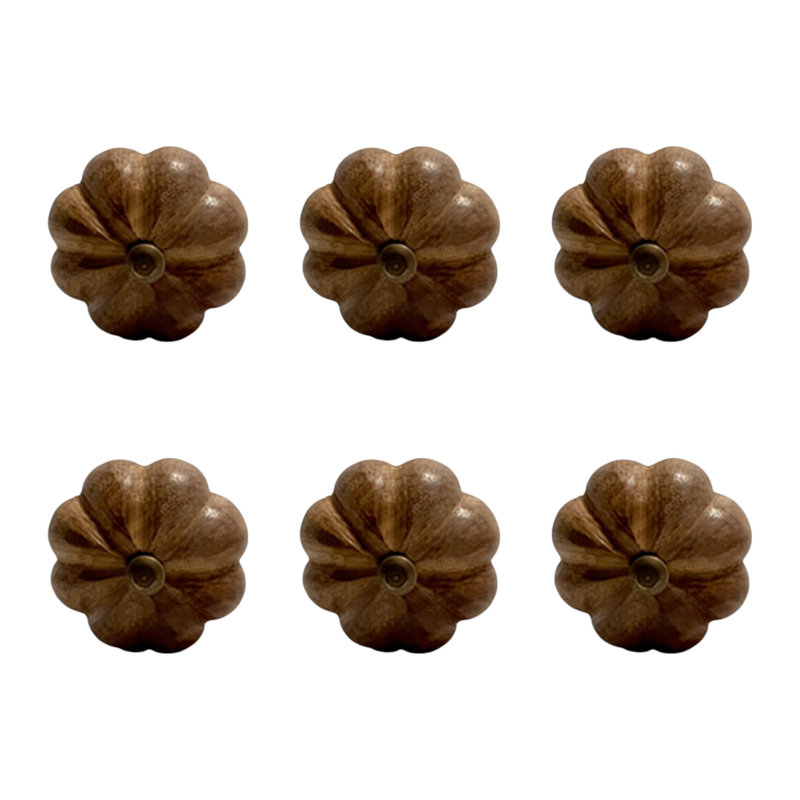 Set of Six Brown Wood Flower Shaped Drawer Pull Knobs
