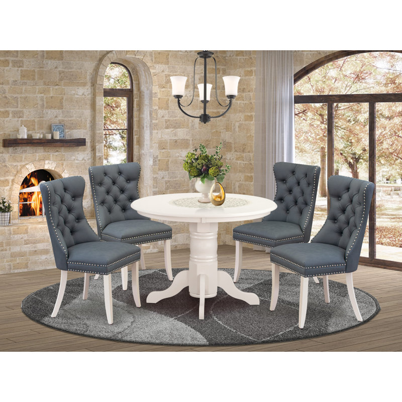 5 Piece Kitchen Table Set Consists of a Round Dining Table with Pedestal and 4 Padded Chairs, Navy/White
