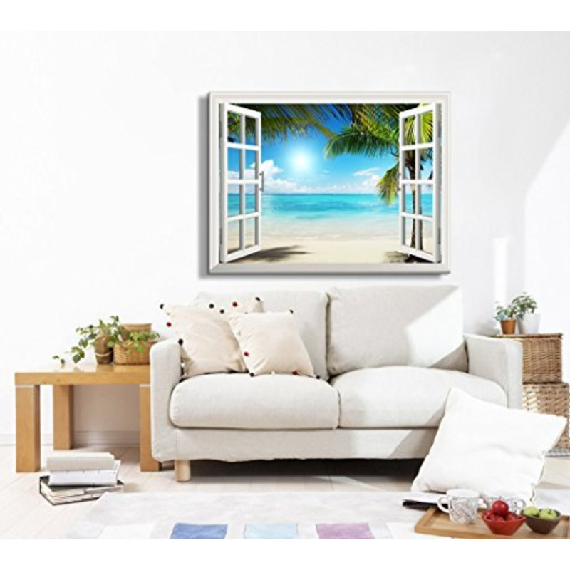 Fenêtre, paysage, palmier vert tropical, plage côtière, océan bleu, reproduction d'art sur toile