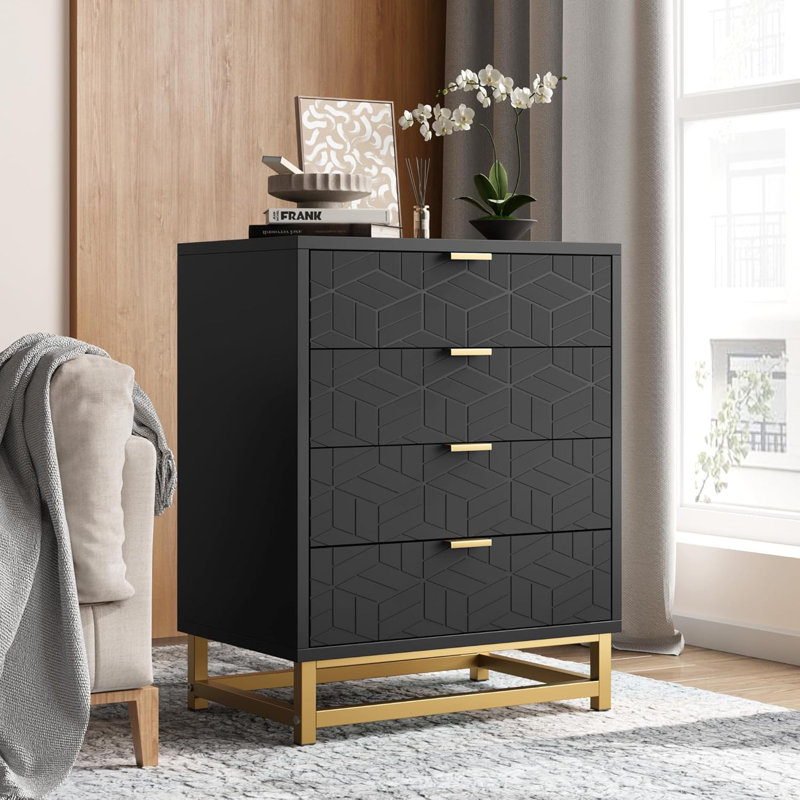 Commode blanche 4 tiroirs, grande commode pour la chambre à coucher, commode en bois avec 4 grands tiroirs, commodes modernes avec poignées en métal doré pour le couloir, entrée