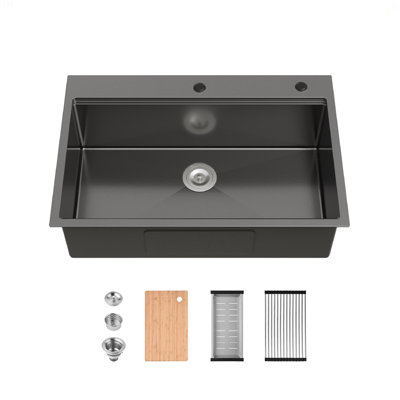 Évier de cuisine en acier inoxydable, lavabo simple sur pied de 33 po x 22 po noir, avec planche à découper et passoire