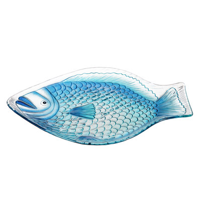 Blue Fish Glass Birdbath, 18in