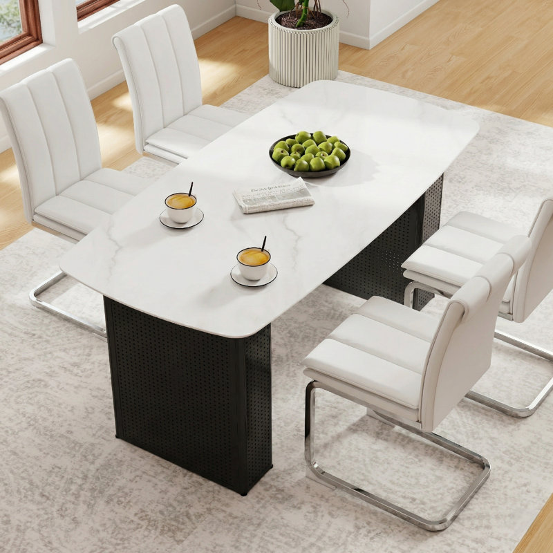 Ensemble de salle à manger 5 pièces 55 po en marbre avec table à double piédestal et 4 chaises en porte-à-faux, blanc / noir