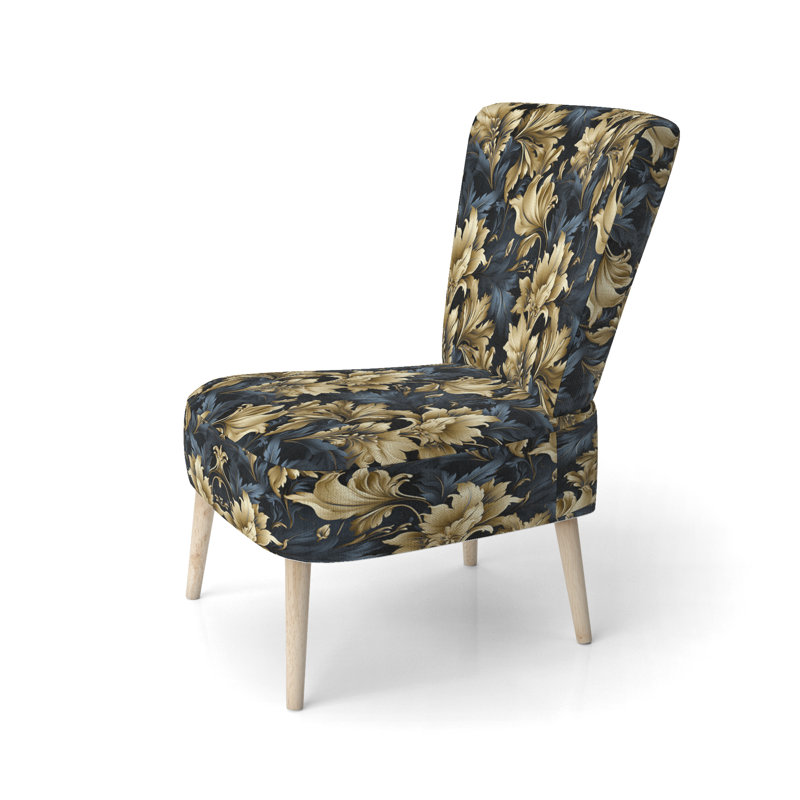 Chaise d'appoint rembourrée traditionnelle bleu foncé et dorée Glamour damassé dorée