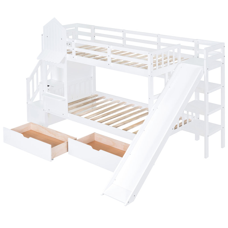 Lit superposé blanc Twintwin avec style, glissade, tiroirs, tablettes, matériaux en bois de pin de haute qualité