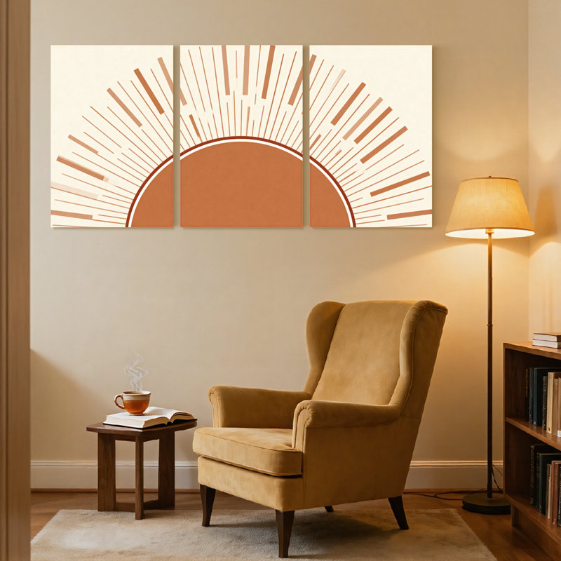 Lumière du soleil avec motif rayonnant et demi-cercle, ensemble de 3 impressions sur toile, H 36 po x l 72 po
