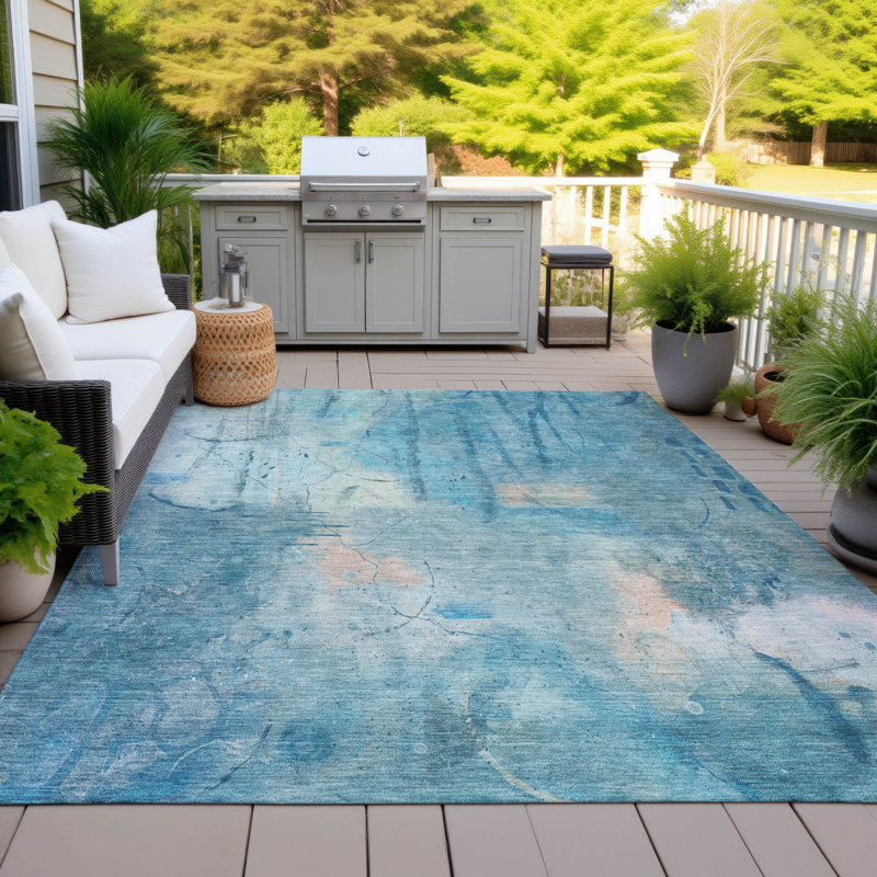 Tapis bleu intérieur / extérieur lavable à la machine Xhevrie, Rectangle 10 pi x 14 pi