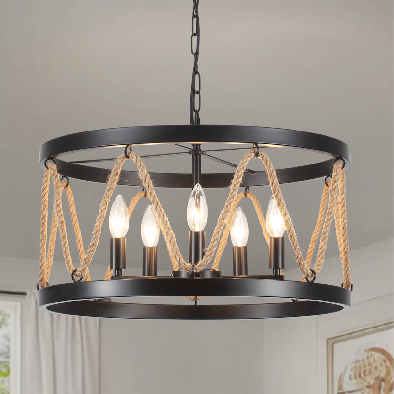 5 - Light 20 inch Dimmable Black Drum Chandelier with Hemp Rope Decoration for Living Room, Matte Black