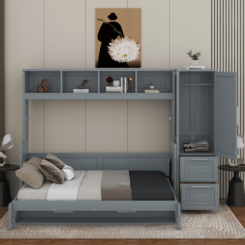Lit escamotable double avec tiroirs et garde-robe, Gris
