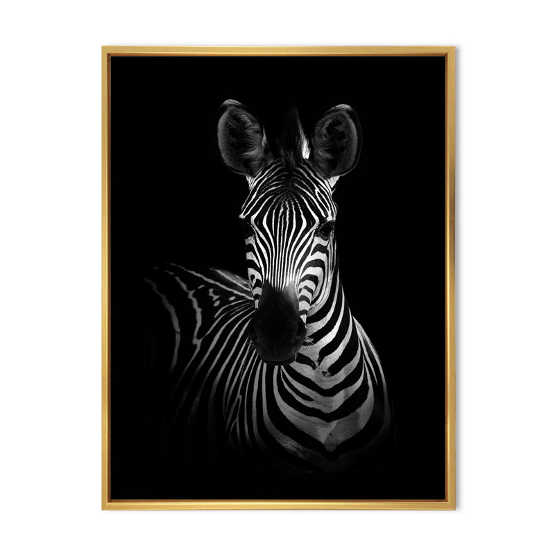 Zèbre en noir et blanc - reproduction d'art sur toile, H 20 po x l 12 po x P 1 po, Cadre flottant doré