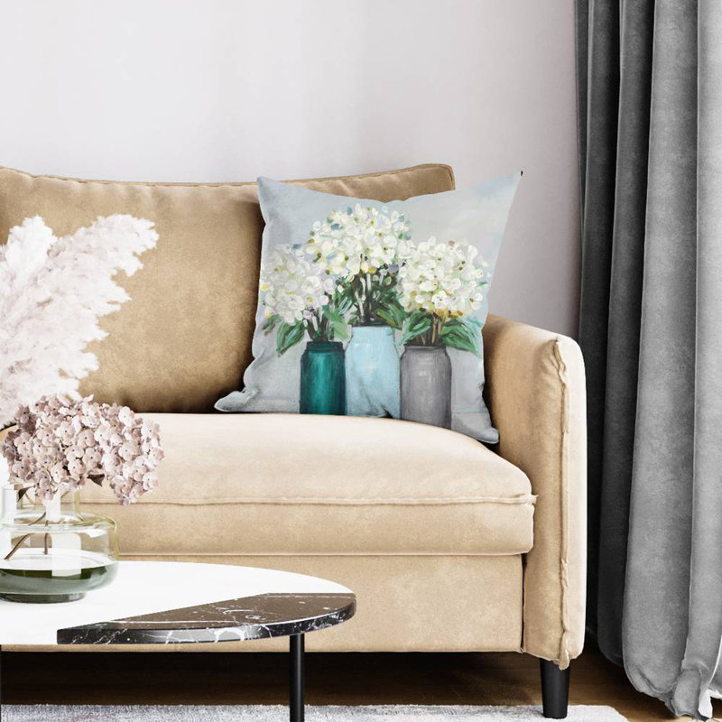 Hydrangea flowers in blue vases - 26"x26" Throw pillow - Poly twill - Print on demand, Polyester/Polyfill, 24" H x 24" W