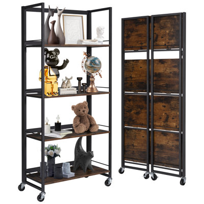 4-Tier Folding Bookshelf with Wheels, No Assembly Wood Bookcase Storage Rack for Home Office （Rustic Black)
