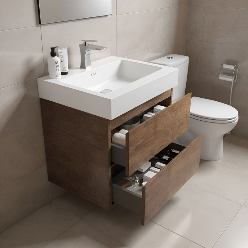 Meuble-lavabo simple mural 24 po avec surface solide avec trop-plein, 24 po, pré-assemblé, Noyer, 24", Blanc