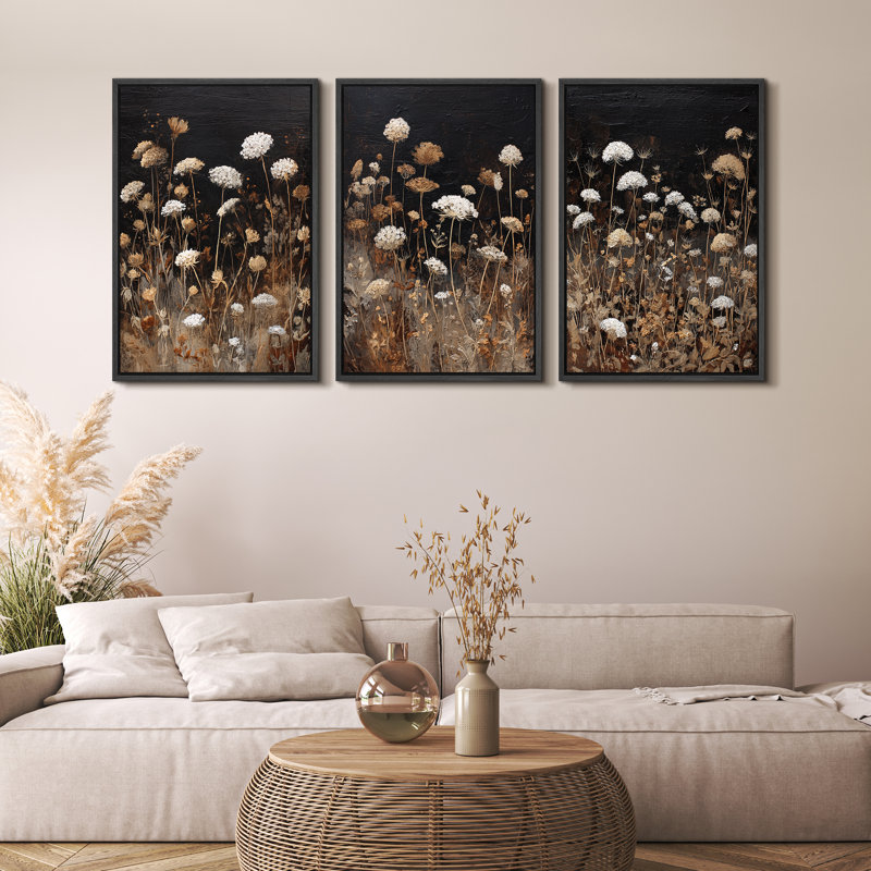 Neutre botanique prairie avec fleurs sauvages blanches et brunes - impression sur toile encadrée 3 pièces, Structure noire