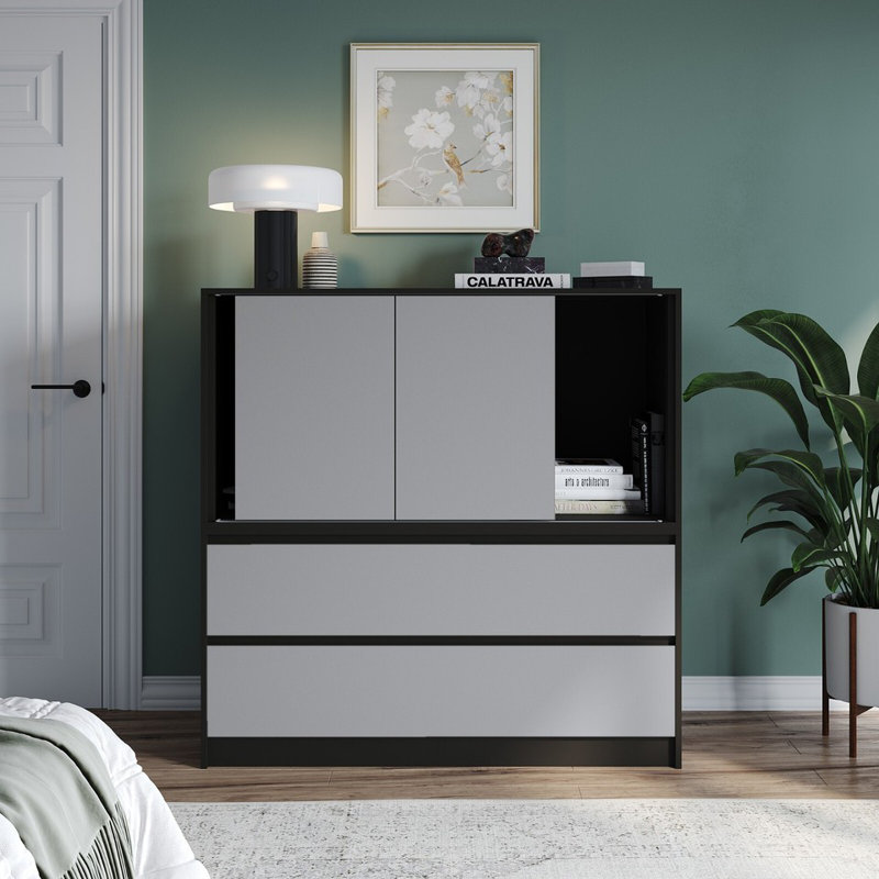 Solid Wood Rectangle Accent Cabinet, Black with Grey